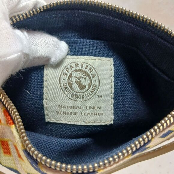 Spartina 449 Daufuskie Wristlet Wallet Linen Leather Navy Beige Geometric - Picture 3 of 12